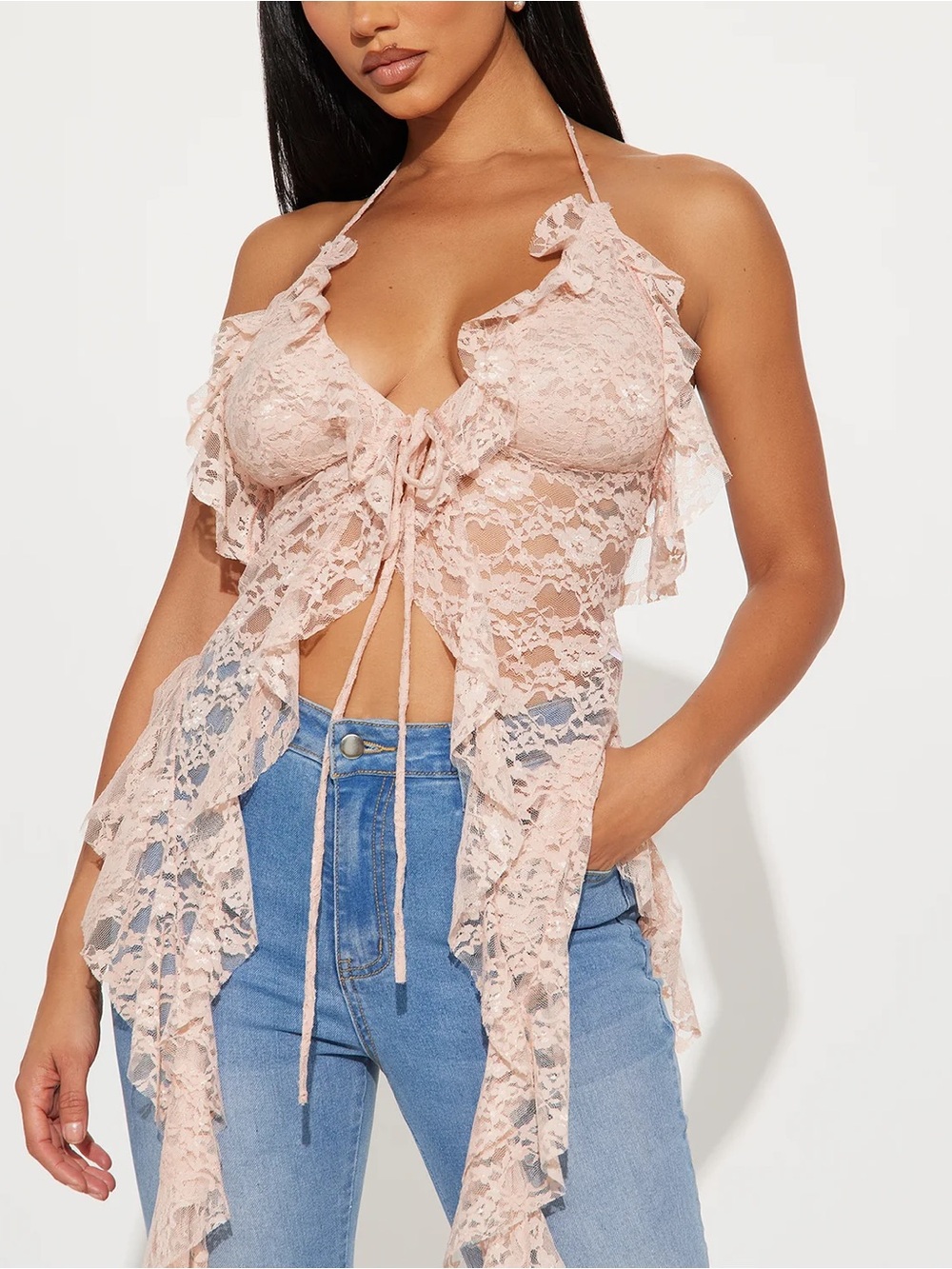 NEW Fashion Nova Blush Pink Lace Ruffle Halter Top